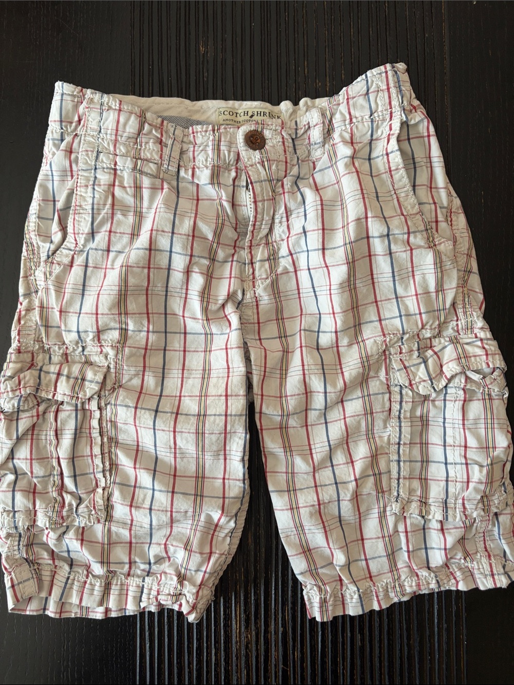 Scotch Shrunk White Plaid Cargo Shorts with Red & Blue Stripes